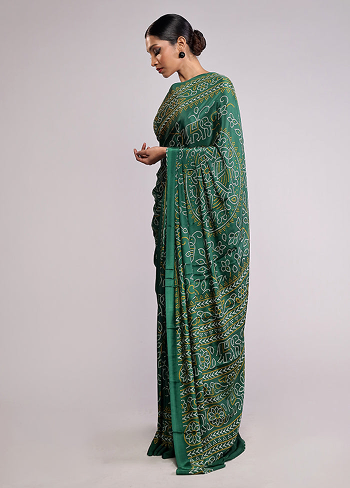 Green Printed Silk Saree Without Blouse Piece