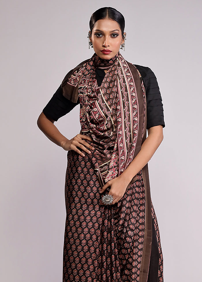 Black Printed Silk Saree Without Blouse Piece