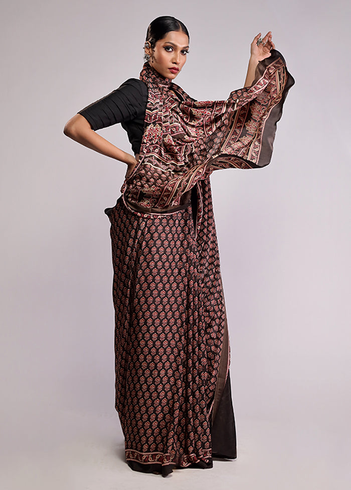 Black Printed Silk Saree Without Blouse Piece