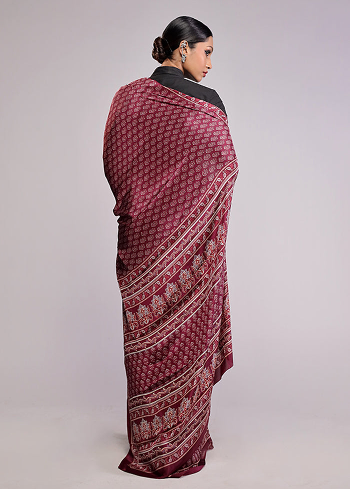 Maroon Printed Silk Saree Without Blouse Piece