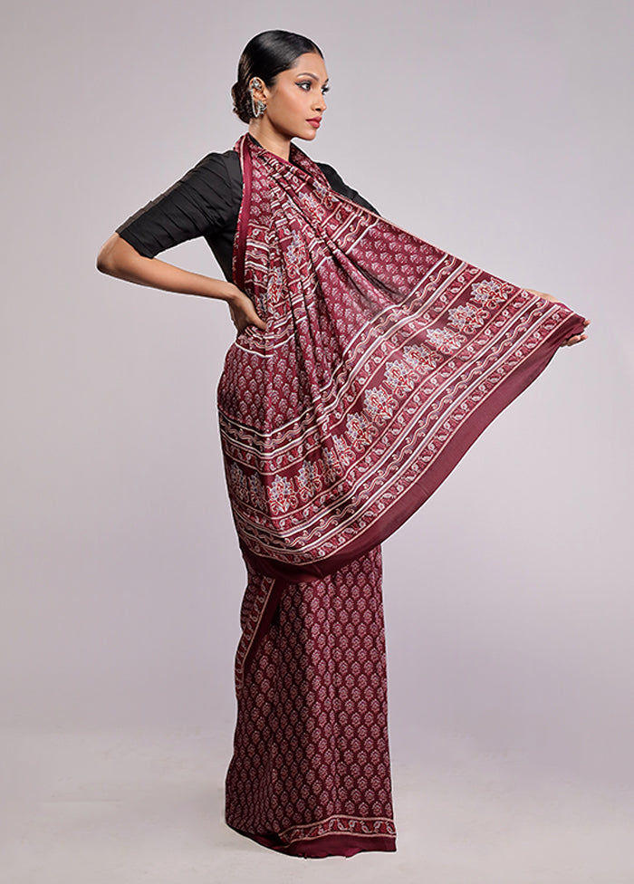 Maroon Printed Silk Saree Without Blouse Piece