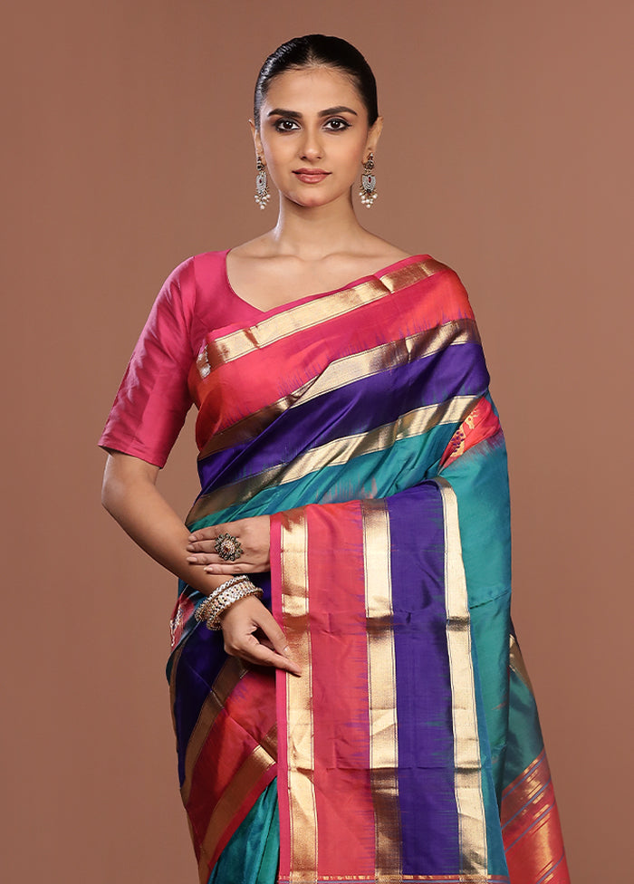 Blue Handloom Kanchipuram Pure Silk Saree With Blouse Piece