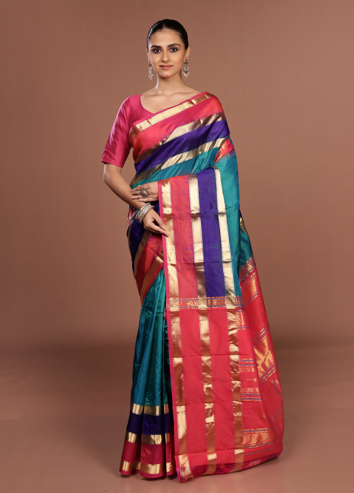 Blue Handloom Kanchipuram Pure Silk Saree With Blouse Piece