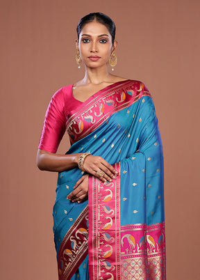 Blue Dupion Silk Saree With Blouse Piece