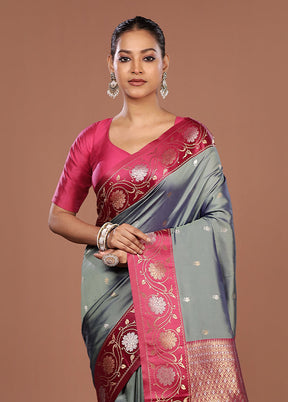 Grey Dupion Silk Saree With Blouse Piece