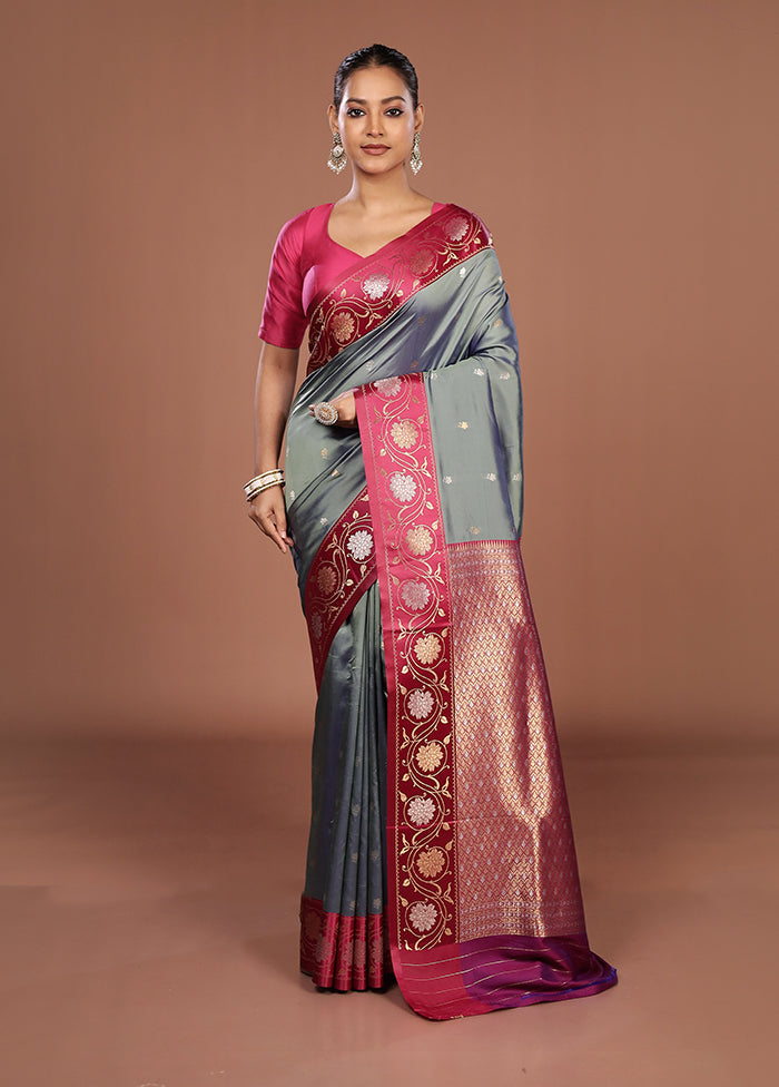 Grey Dupion Silk Saree With Blouse Piece