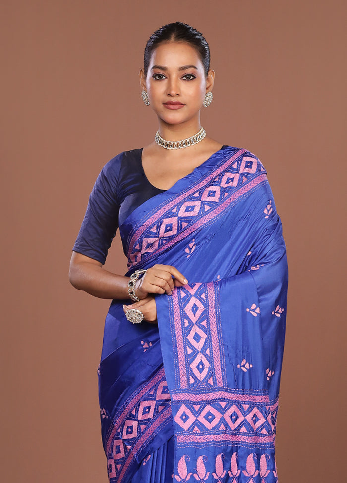Blue Kantha Stitch Silk Saree With Blouse Piece