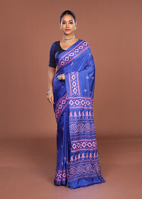 Blue Kantha Stitch Silk Saree With Blouse Piece