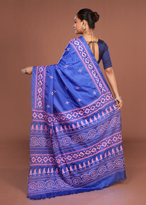 Blue Kantha Stitch Silk Saree With Blouse Piece