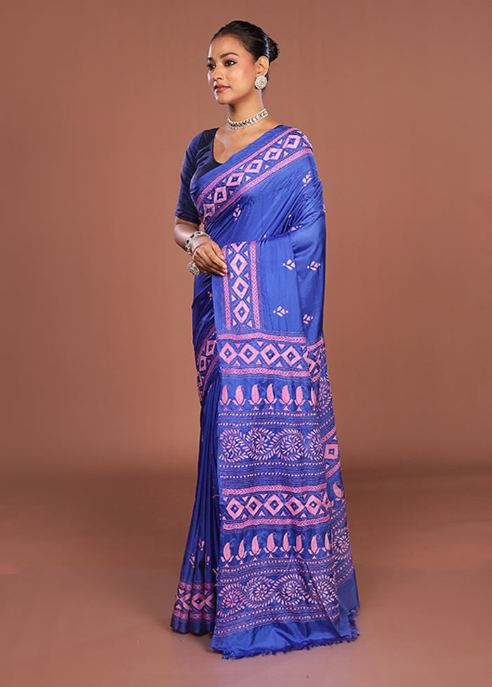 Blue Kantha Stitch Silk Saree With Blouse Piece