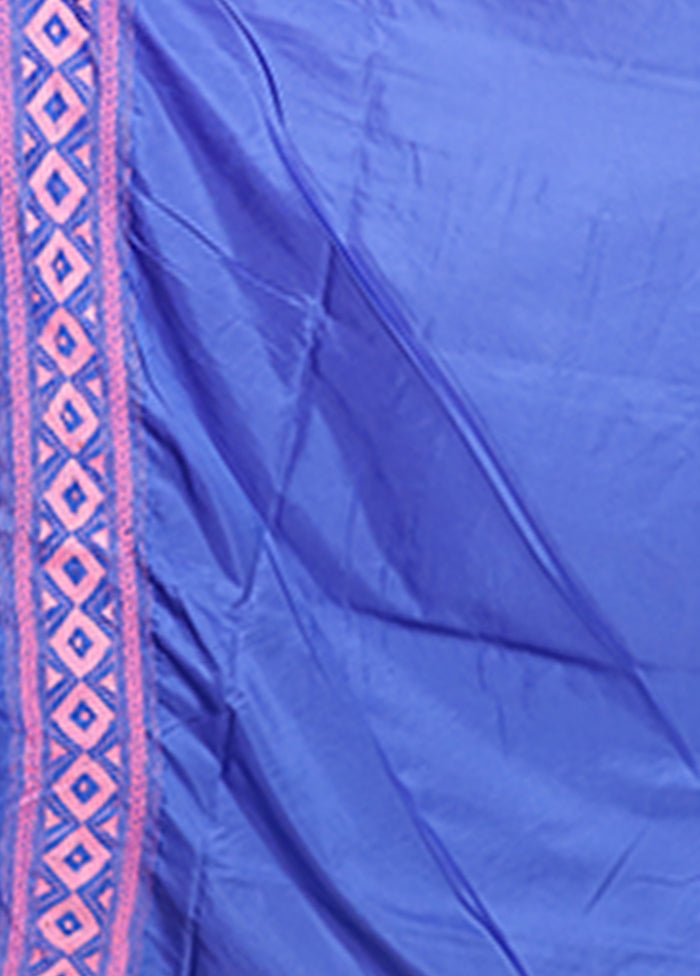 Blue Kantha Stitch Silk Saree With Blouse Piece