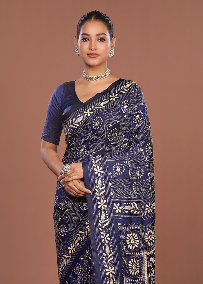 Blue Kantha Stitch Silk Saree With Blouse Piece
