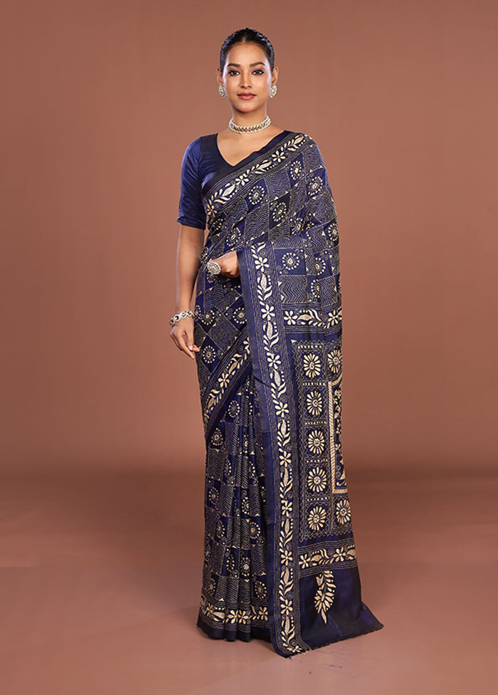 Blue Kantha Stitch Silk Saree With Blouse Piece