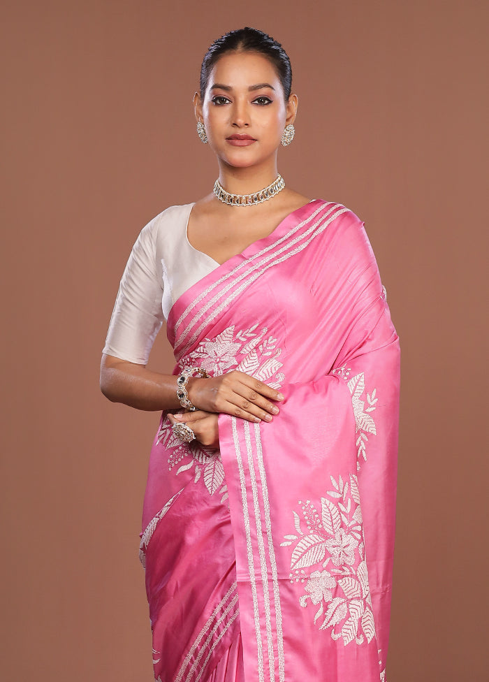 Pink Kantha Stitch Silk Saree With Blouse Piece