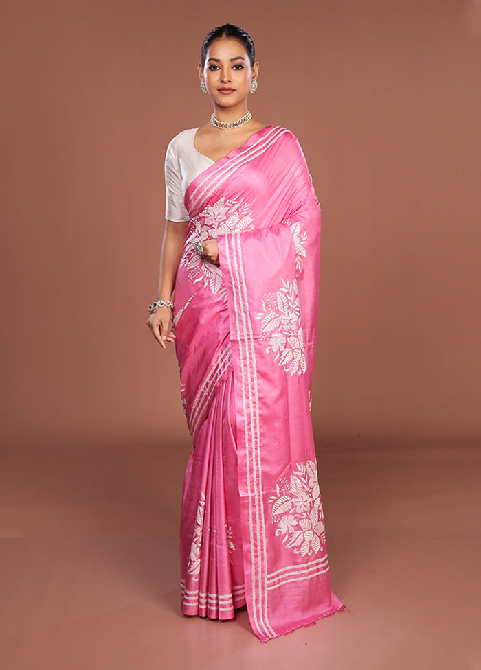 Pink Kantha Stitch Silk Saree With Blouse Piece
