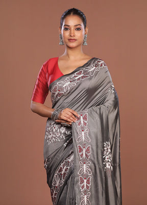 Grey Kantha Stitch Silk Saree With Blouse Piece