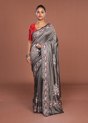 Grey Kantha Stitch Silk Saree With Blouse Piece