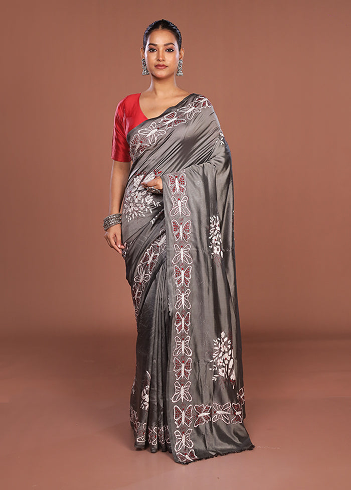 Grey Kantha Stitch Silk Saree With Blouse Piece