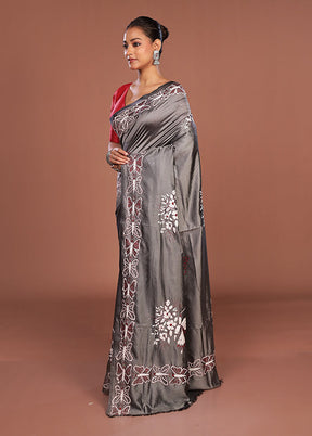 Grey Kantha Stitch Silk Saree With Blouse Piece