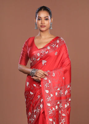 Red Kantha Stitch Silk Saree With Blouse Piece