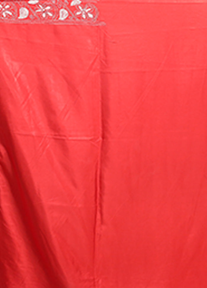 Red Kantha Stitch Silk Saree With Blouse Piece