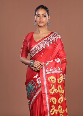Red Kantha Stitch Silk Saree With Blouse Piece