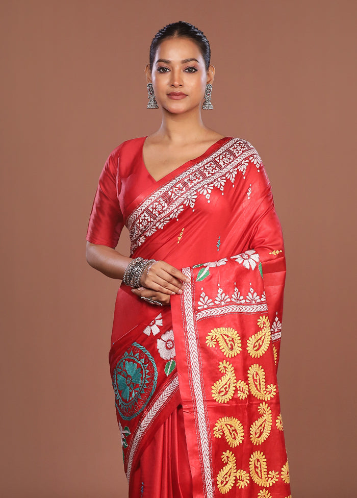 Red Kantha Stitch Silk Saree With Blouse Piece