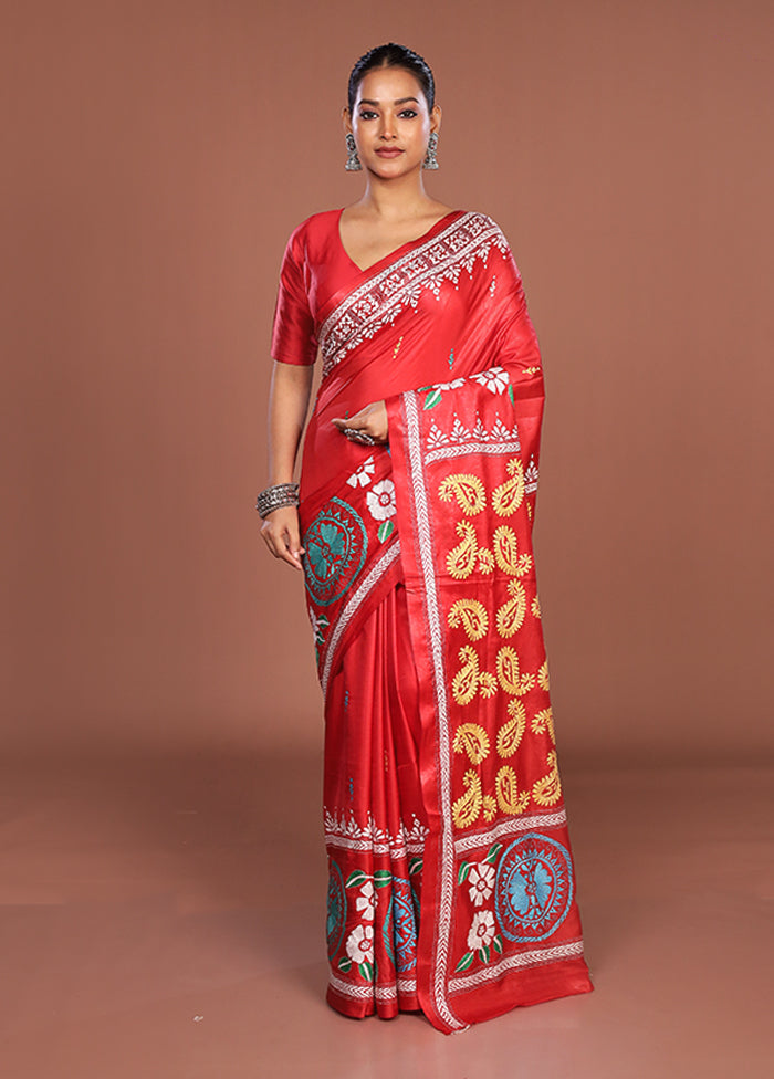 Red Kantha Stitch Silk Saree With Blouse Piece