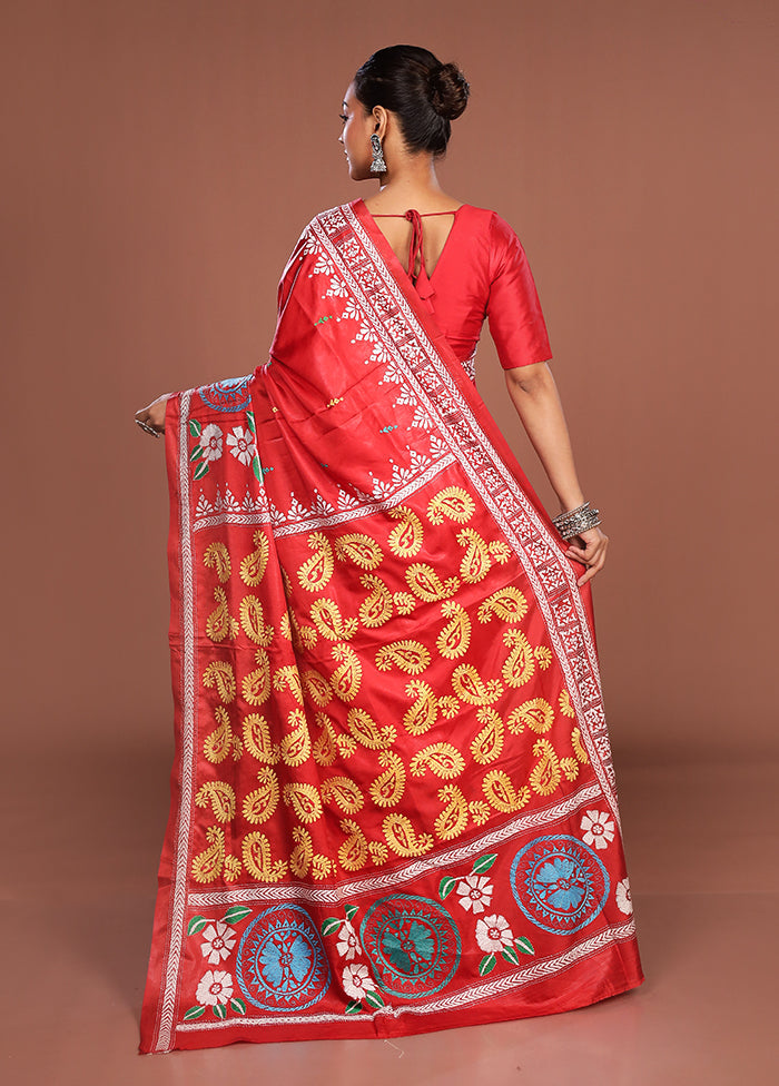 Red Kantha Stitch Silk Saree With Blouse Piece