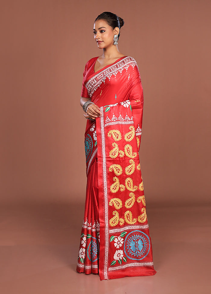 Red Kantha Stitch Silk Saree With Blouse Piece