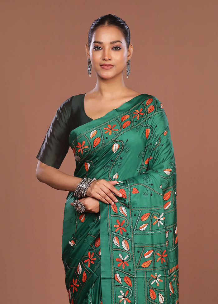 Green Kantha Stitch Silk Saree With Blouse Piece