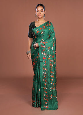 Green Kantha Stitch Silk Saree With Blouse Piece