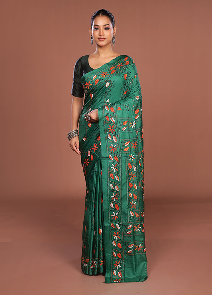 Green Kantha Stitch Silk Saree With Blouse Piece