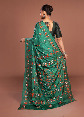 Green Kantha Stitch Silk Saree With Blouse Piece