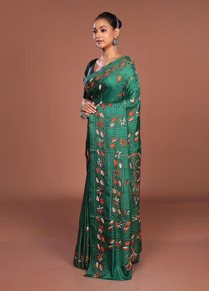 Green Kantha Stitch Silk Saree With Blouse Piece