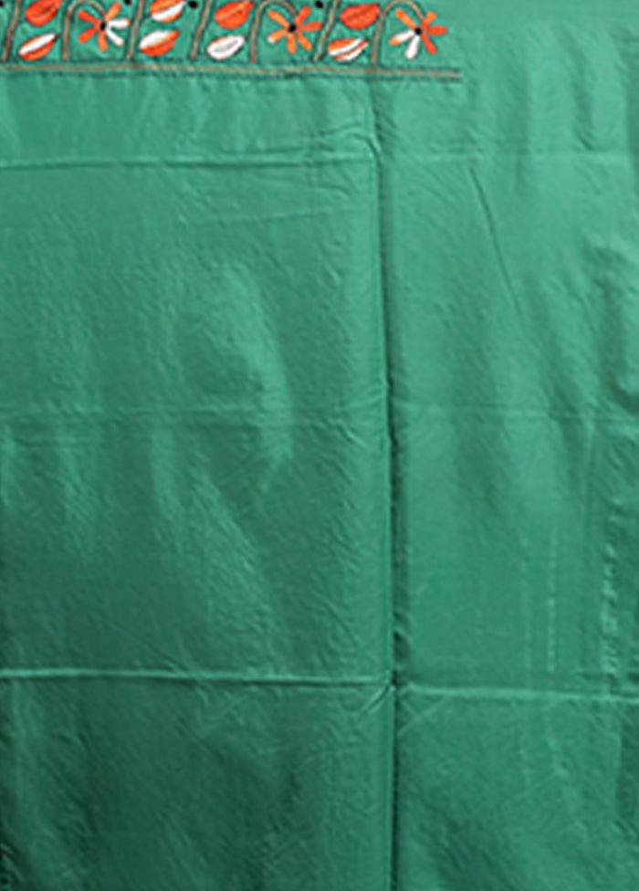 Green Kantha Stitch Silk Saree With Blouse Piece