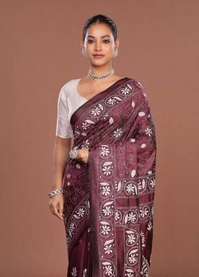 Purple Kantha Stitch Silk Saree With Blouse Piece