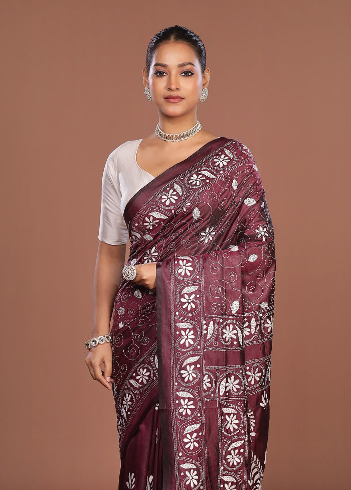 Purple Kantha Stitch Silk Saree With Blouse Piece