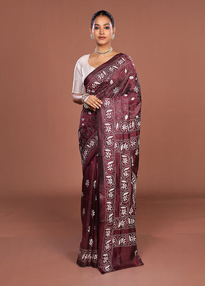 Purple Kantha Stitch Silk Saree With Blouse Piece