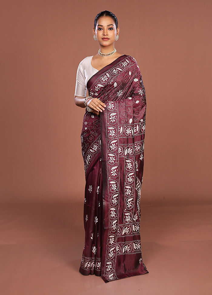 Purple Kantha Stitch Silk Saree With Blouse Piece