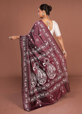 Purple Kantha Stitch Silk Saree With Blouse Piece