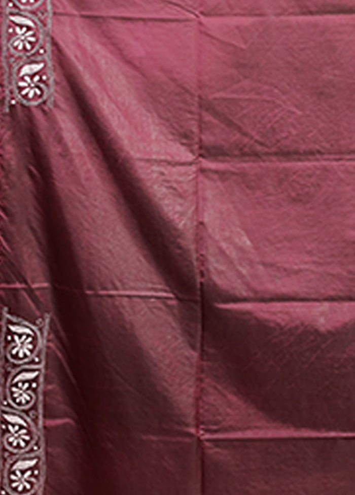 Purple Kantha Stitch Silk Saree With Blouse Piece