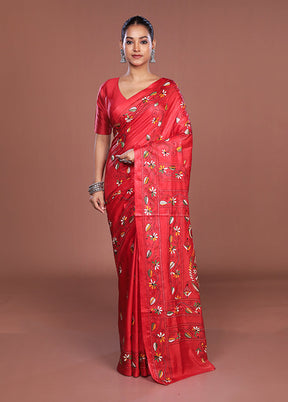 Red Kantha Stitch Silk Saree With Blouse Piece