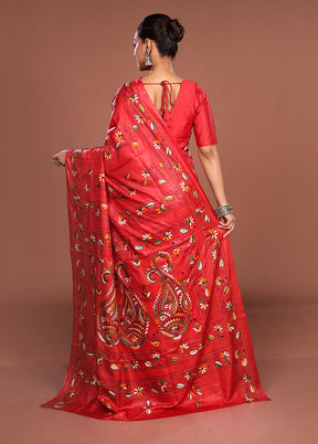 Red Kantha Stitch Silk Saree With Blouse Piece