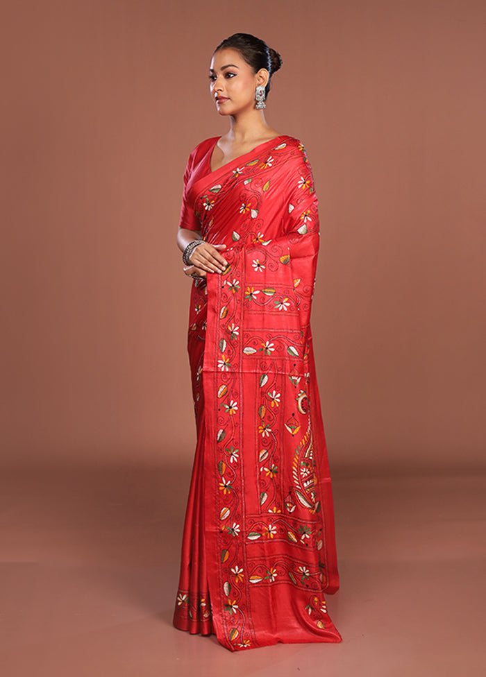 Red Kantha Stitch Silk Saree With Blouse Piece