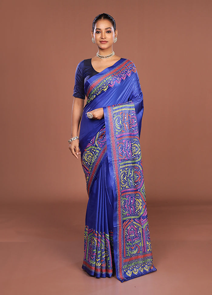 Blue Kantha Stitch Silk Saree With Blouse Piece