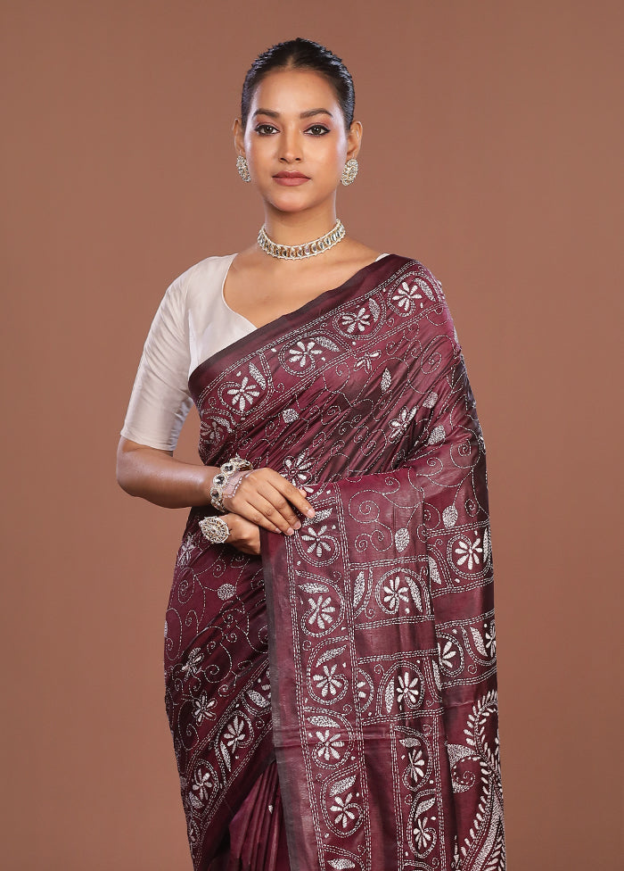 Maroon Kantha Stitch Silk Saree With Blouse Piece