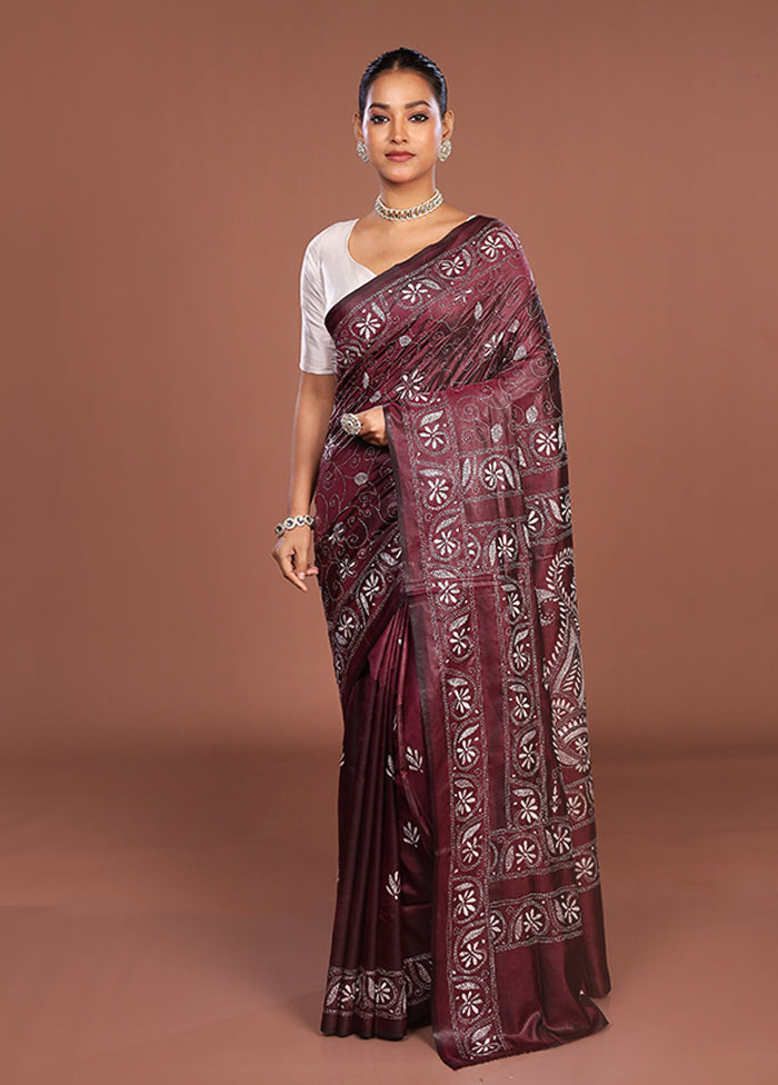 Maroon Kantha Stitch Silk Saree With Blouse Piece