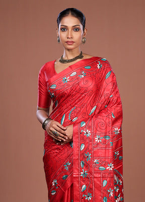 Red Kantha Stitch Silk Saree With Blouse Piece