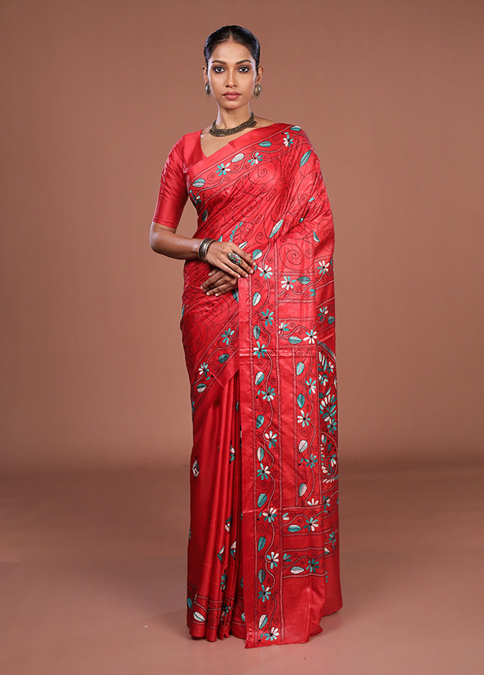 Red Kantha Stitch Silk Saree With Blouse Piece
